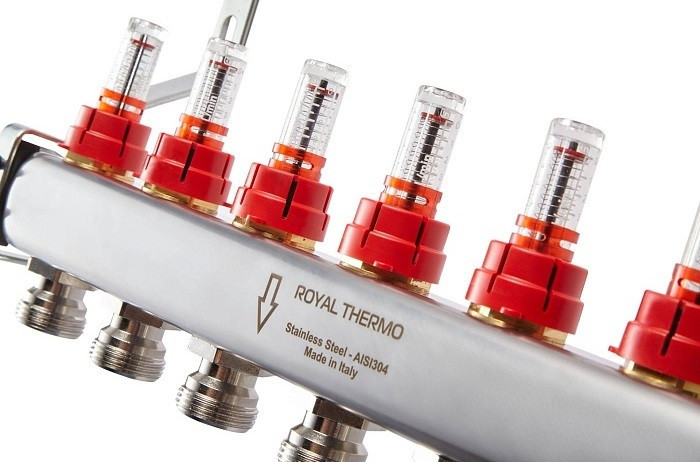 Для отопления Royal Thermo 1" ВР-3/4" НР, 8 выходов с расходомерами, нерж. (RTE 52.108)